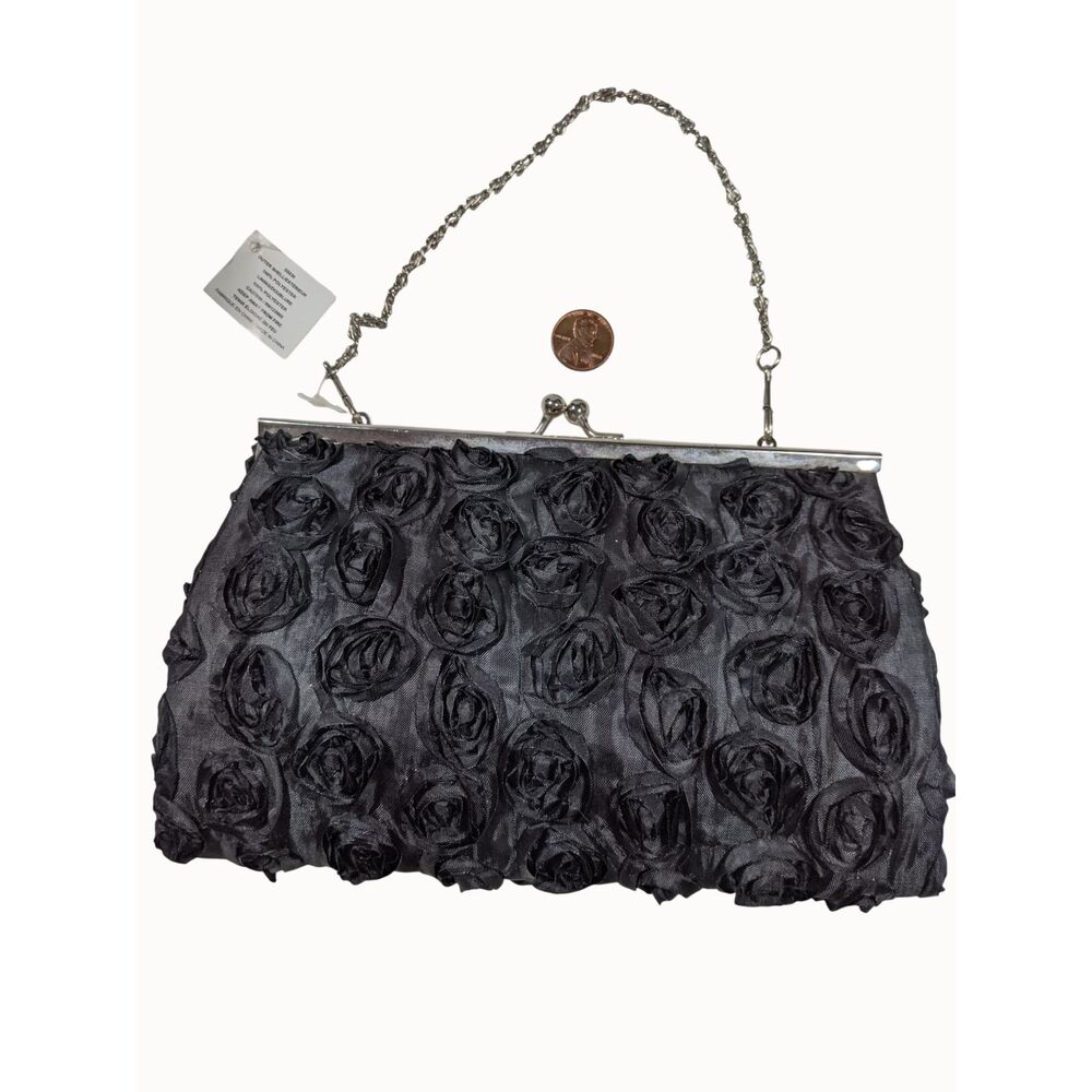Black Rose Evening Bag Convertible Clutch Silver Frame Kiss Clasp Whimsigoth NWT